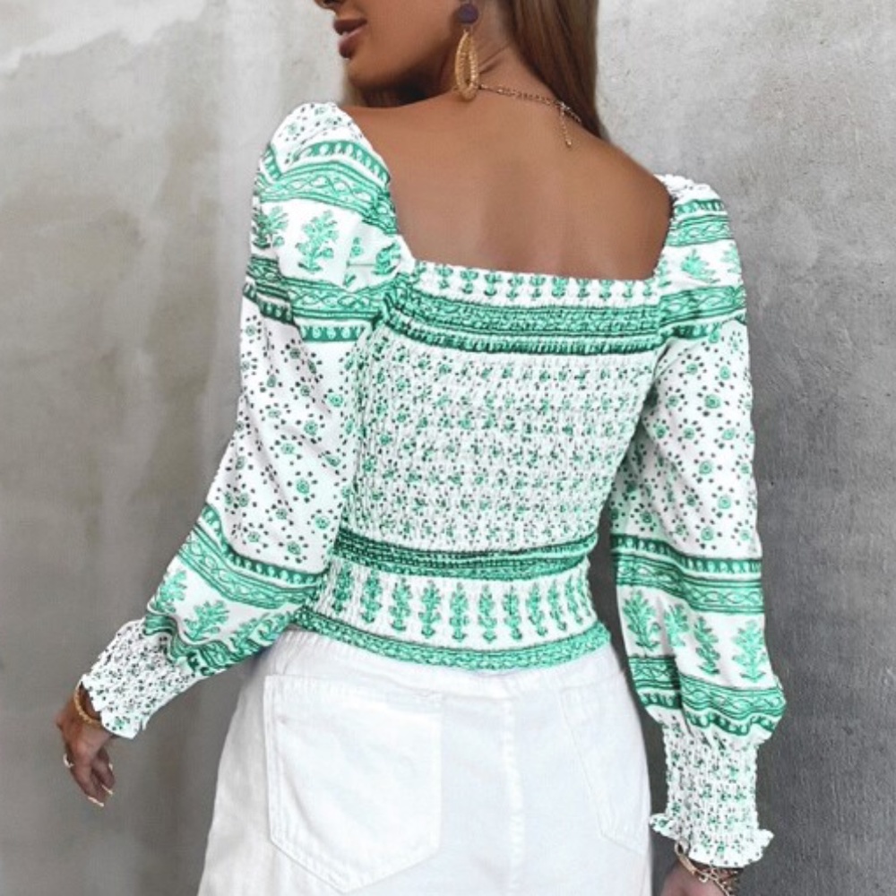 Boho Khaki Floral Puff Long Sleeve Crop Top - Picture 10 of 10